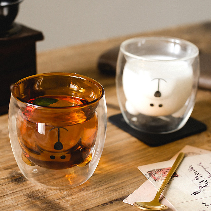 Little Bear Glass Cups, household double-layer glass cups, high borosilicate milk cups, coffee cups, breakfast cups, double-layer cups, water cups details Picture