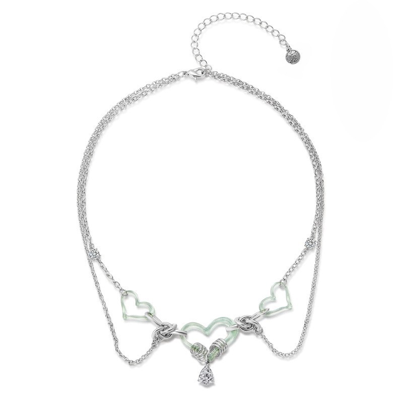 Original InS-style mint green heart-shaped necklace for women, a unique and high-end double-layer layering collarbone chain fashion accessory Item Picture
