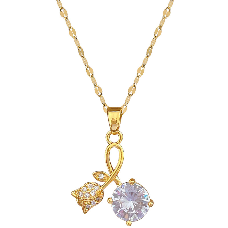 【 Titanium Steel 】 Rose zircon light luxury style, luxurious full diamond necklace, versatile collarbone chain for female Internet celebrities, titanium steel chain Item Picture