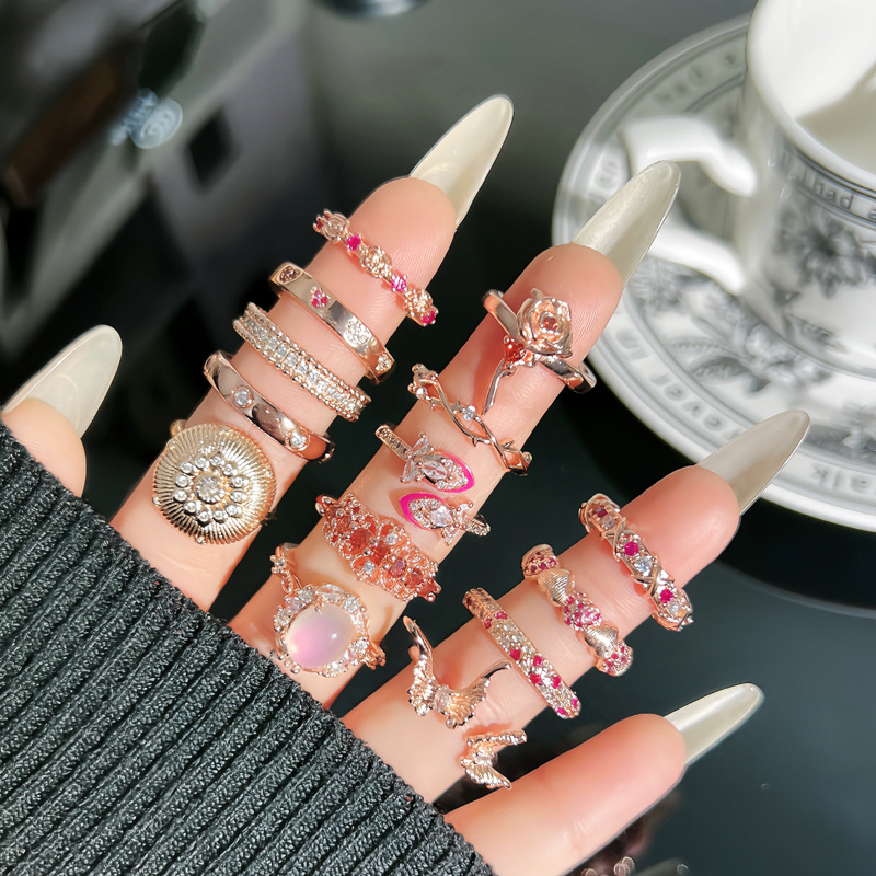 New row diamond light luxury and high-end layered ring for women, rose gold retro cross cold style niche index ring Application Scenario