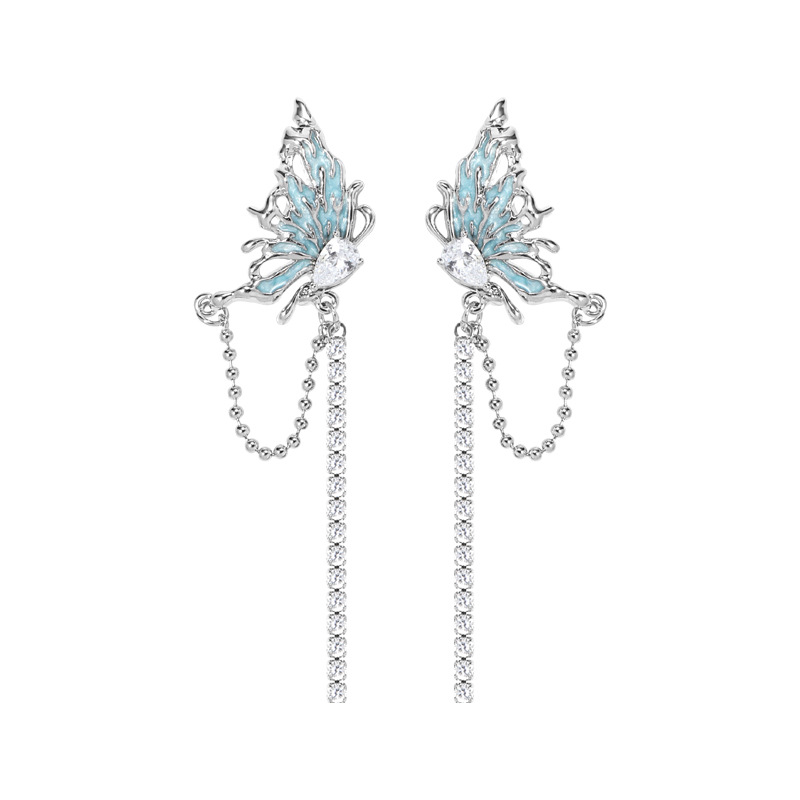 Korean-style blue butterfly earrings with a light luxury and high-end feel, fresh and light earrings, fashionable design sense, original and versatile earrings for women Item Picture