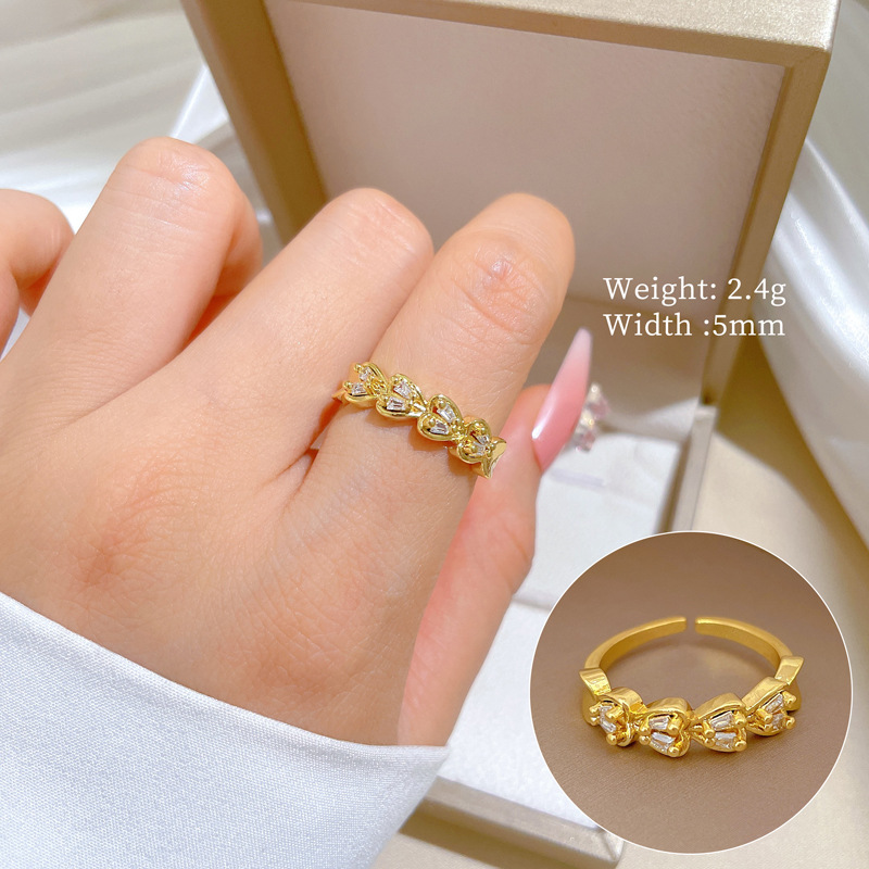 【 Real Gold 】 Heart-shaped double row Full diamond ring with adjustable opening, simple Japanese-style ring couple rings full figure