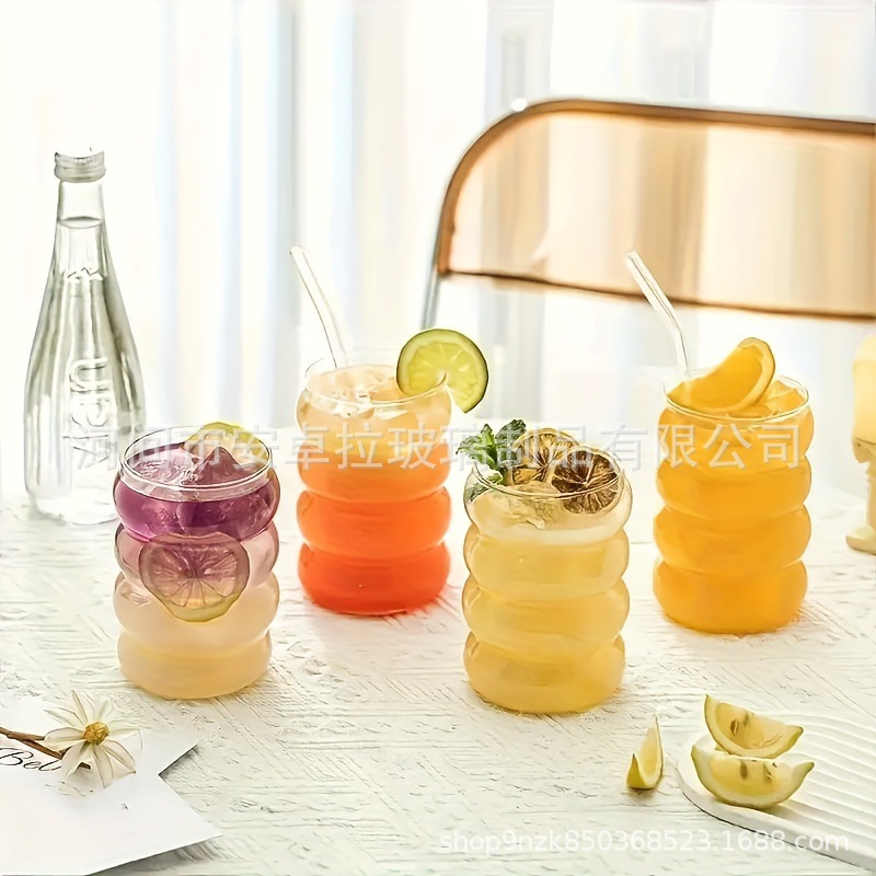 Cross-border anti-drop glass cup set, household high-temperature resistant milk coffee caterpillar cup, corrugated straw thickened details Picture