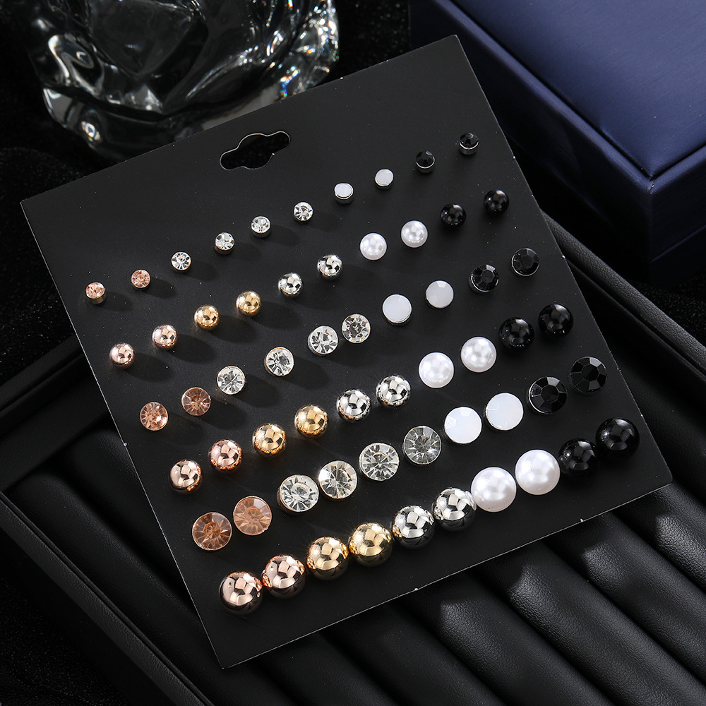 New cross-border pearl stud earrings from Europe and America, creative, simple and retro. 30-pair set of artificial pearl embedded diamond stud earrings details Picture