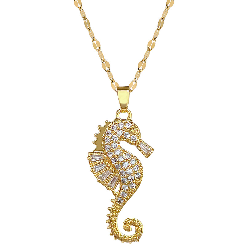 【 Titanium Steel 】 Little Seahorse animal, light luxury, elegant, full diamond necklace, versatile for women, collarbone chain, titanium steel chain Item Picture