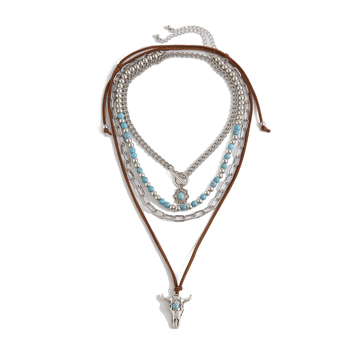 European and American cross-border jewelry, retro beaded geometric turquoise collarbone chain, casual style multi-layer Bohemian necklace Item Picture