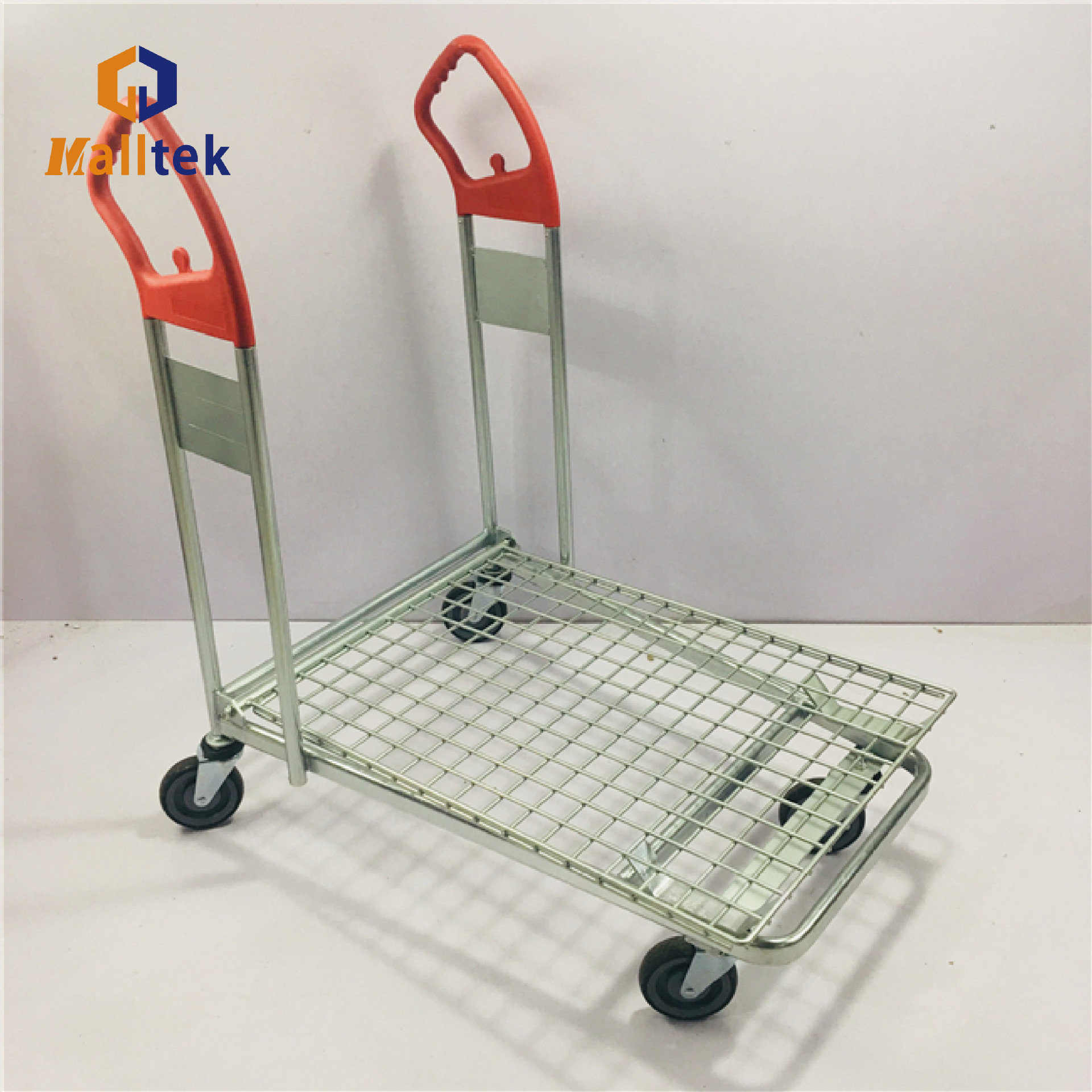 Supermarket metal picking goods flow trolley, four-wheel flat net warehouse metal sorting truck details Picture