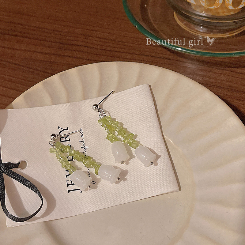 S925 Silver Needle Fresh and delicate Lily of the Valley Earrings, women's summer new style green tassel stud earrings, high-end earrings wholesale Specification drawing