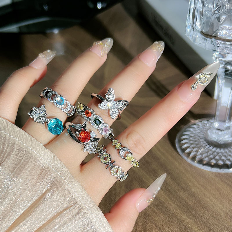 The 2025 new light luxury colored gemstone series sweet and cool flower style open ring is a delicate, versatile and fashionable index finger ring for women details Picture