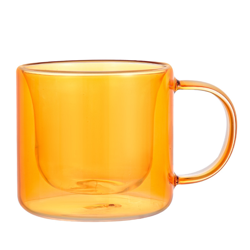 Wholesale simple and colorful double-layered glass cups, thickened high borosilicate glass coffee cups with handles and anti-scald drinking cups Item Picture