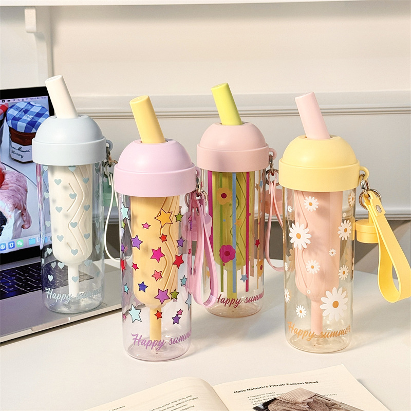 New Yebo plastic straw cup, cute cartoon TRitan water cup, student high appearance level tea and water separation double drinking cup Application Scenario