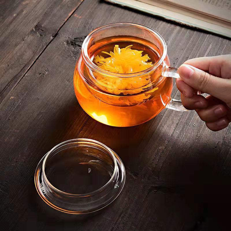 Office tea cups, glass cups, filter tea cups, household cups with LIDS and straps to separate tea from water, men's and women's office transparent water cups Specification drawing