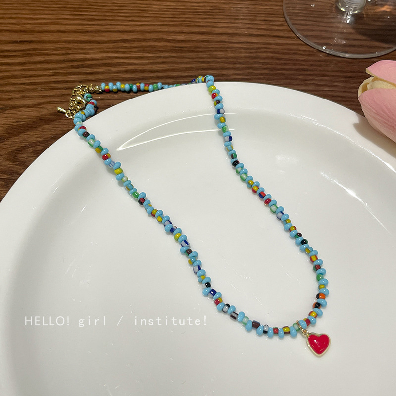 Summer new blue beaded necklace, red heart niche collarbone chain, unique design sense, Instagram-style Korean version for girls ~ details Picture