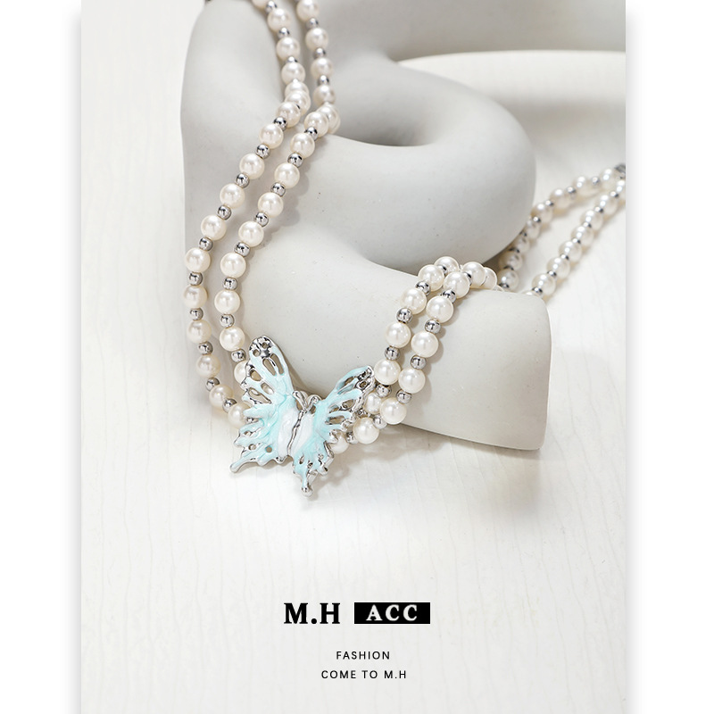 The lake blue butterfly pearl necklace with a retro design sense, double-layer layering collarbone chain, and an ins high-end, niche accessory Specification drawing