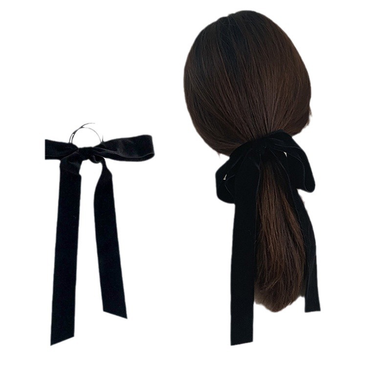 Double-layer black bow hair tie velvet hair band with a high-end look, large intestine hair band with a high-end look, leather band ins, high appearance level Item Picture