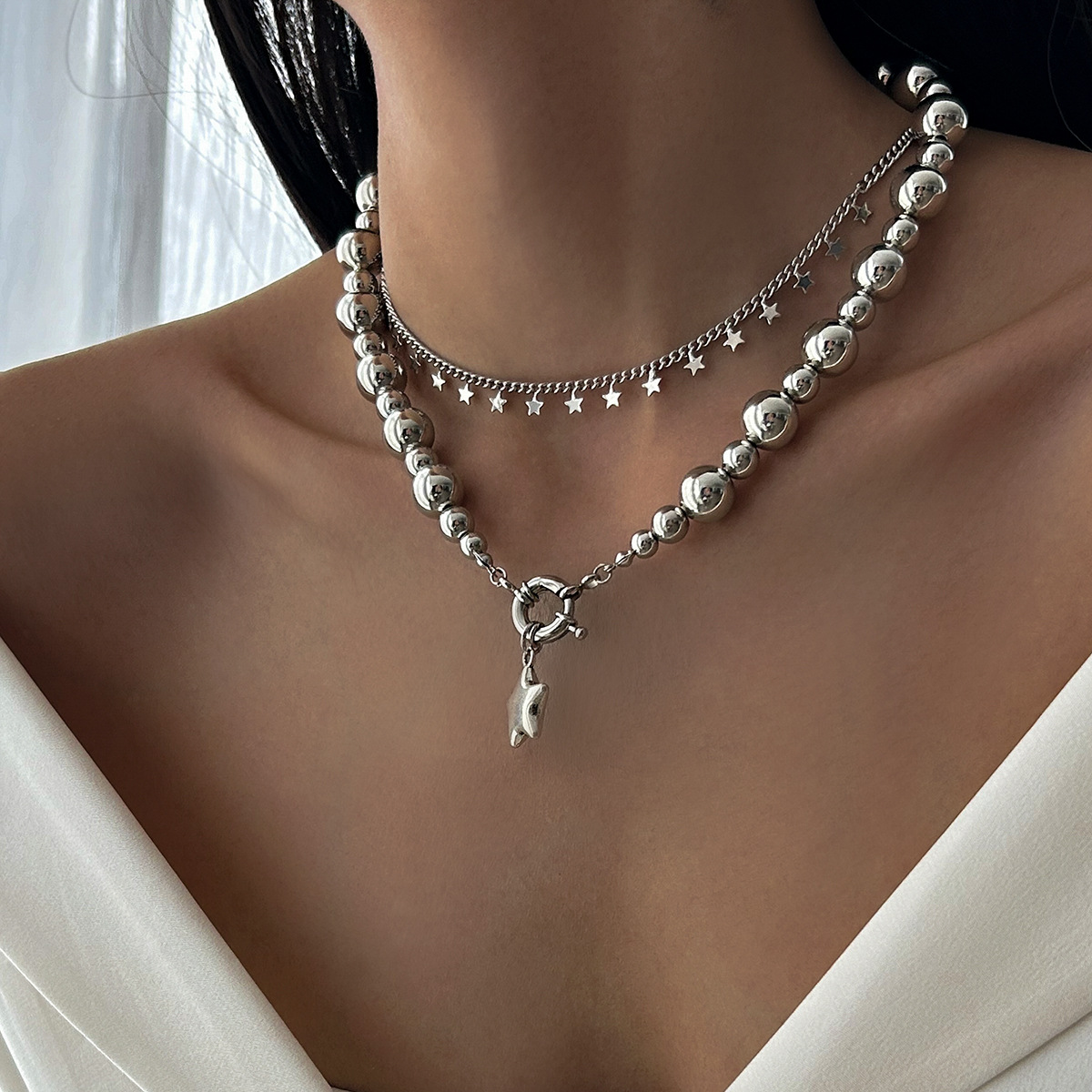 European and American cross-border jewelry: simple five-pointed star alloy pendant Necklace, fashionable CCB beads Necklace new products Specification drawing