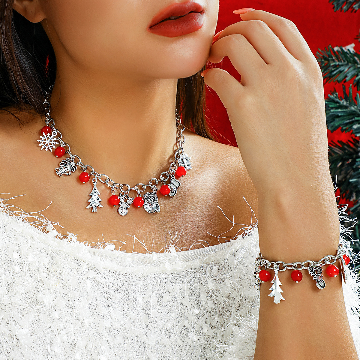 European and American cross-border accessories: simple Christmas tree bells, festive snowman necklaces, creative geometric round bead tassel necklaces details Picture