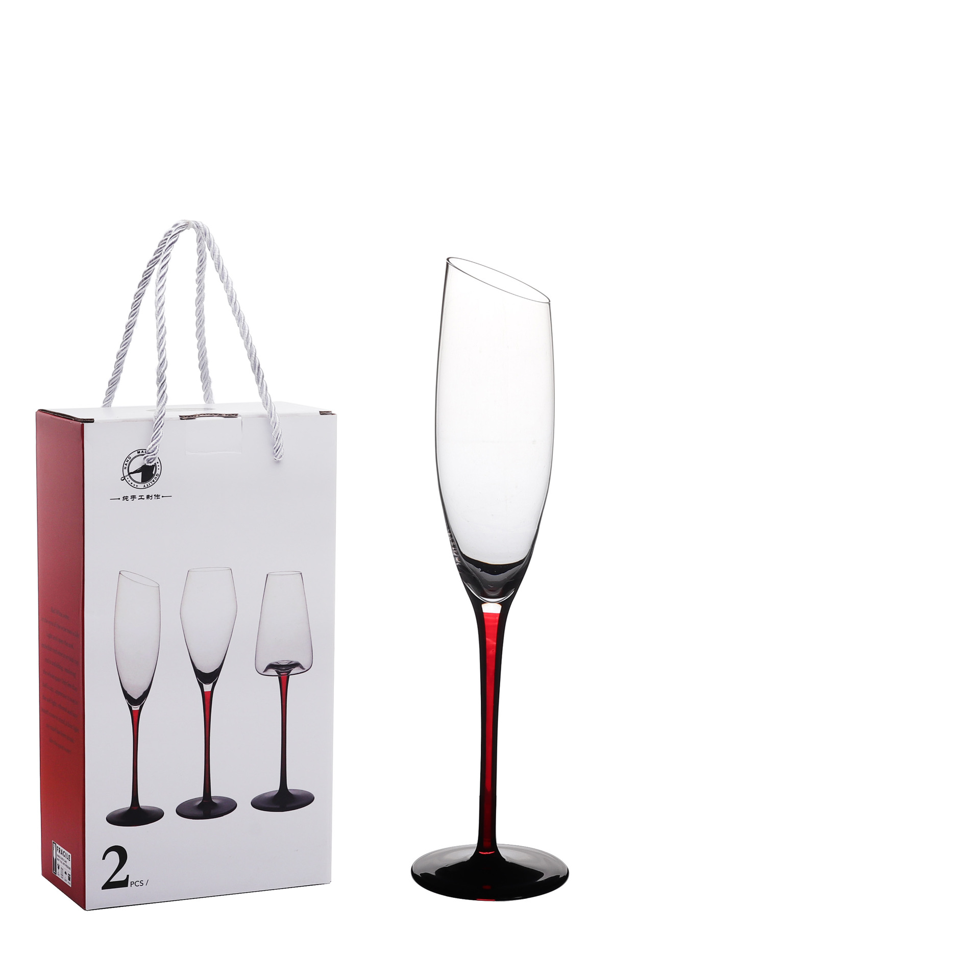 Two sets of household red and black background champagne glasses, crystal concave bottom striped champagne glasses, slanted high-footed crystal glasses Application Scenario