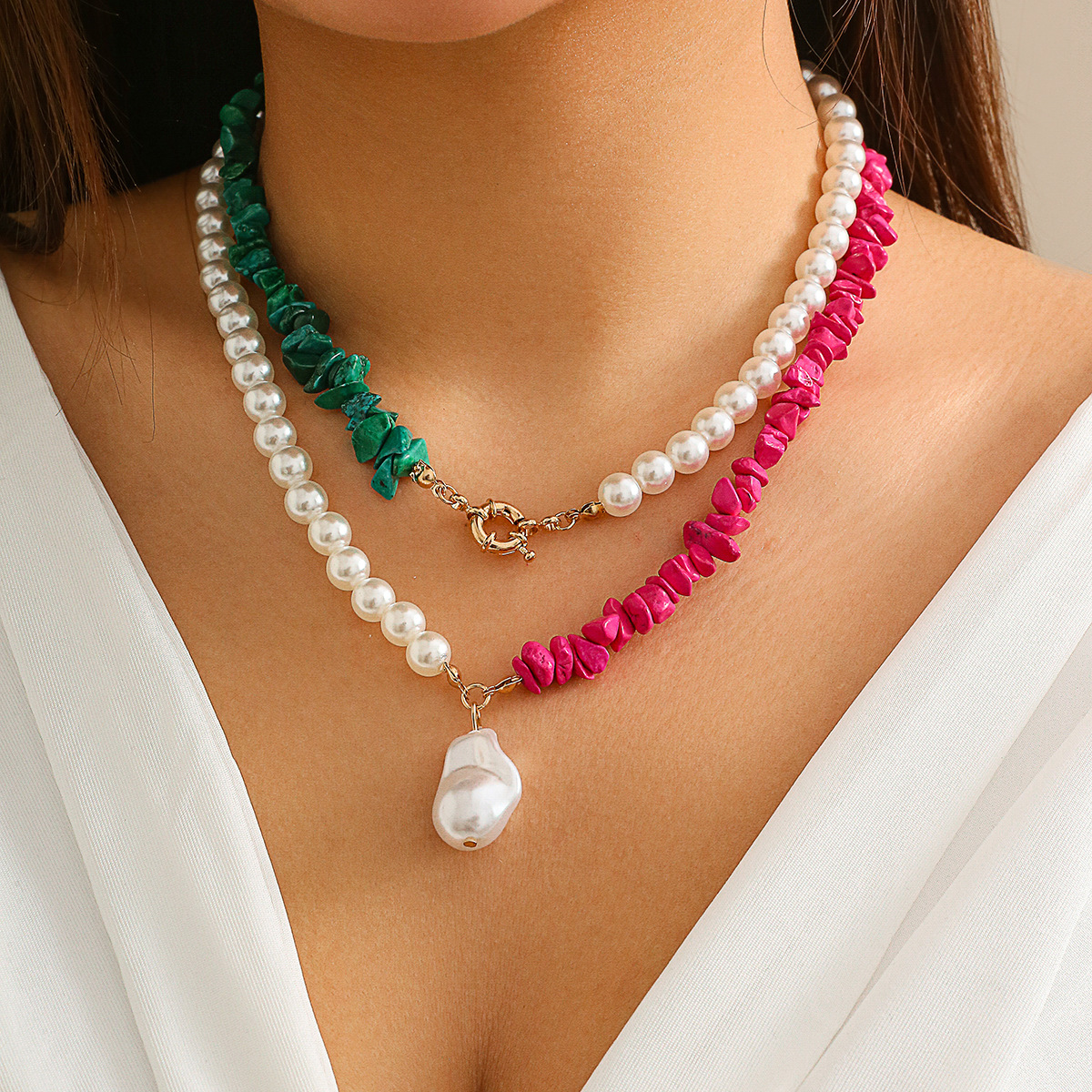 European and American cross-border jewelry, personalized retro turquoise pattern versatile necklace, French simple imitation pearl necklace full figure