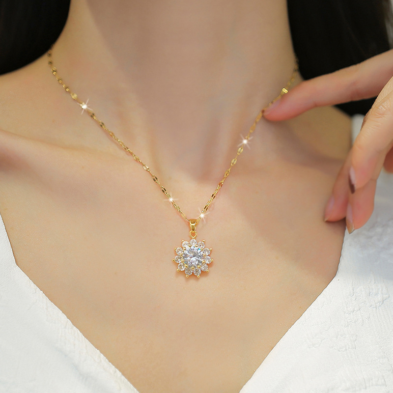 【 Titanium Steel 】 Sun Flower Necklace Earrings Set, Light Luxury, micro-inlay, personalized and elegant banquet earrings and Necklaces combination details Picture