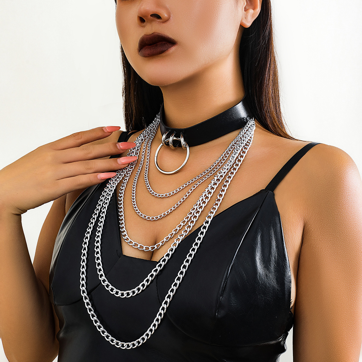European and American cross-border jewelry, sweet and cool metal ring leather choker necklace, cross collar, sword-shaped punk necklace details Picture