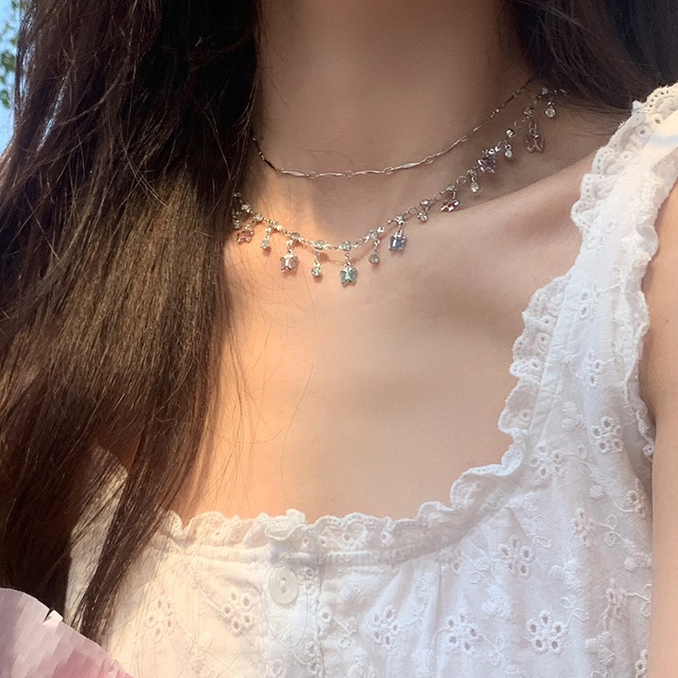 Summer style ~ Rainbow-colored tassel zircon necklace for women with a light luxury and niche design sense collarbone chain Specification drawing
