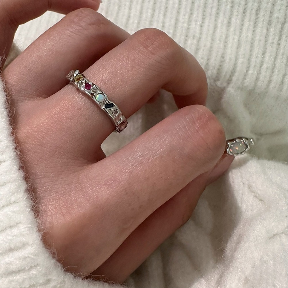 Opal colored small diamond ring for women, 925 sterling silver ring, new ins style, high-end feel, open index finger ring trend Specification drawing