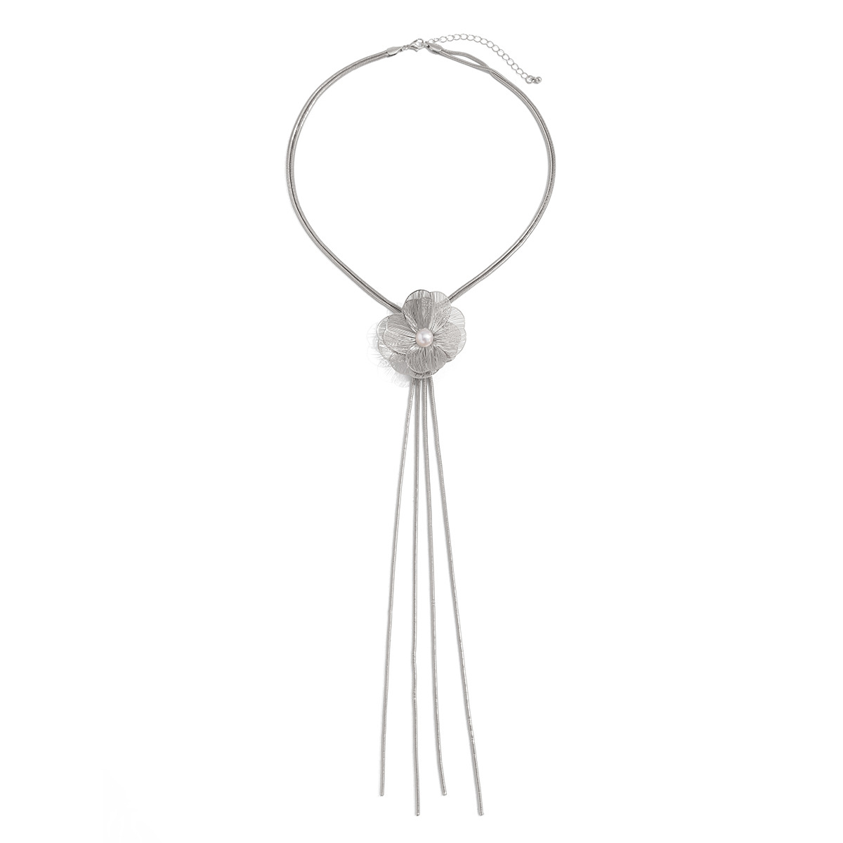 European and American cross-border jewelry, fashionable pearl small flower round snake chain necklace, high-end metallic tassel long collarbone chain Item Picture