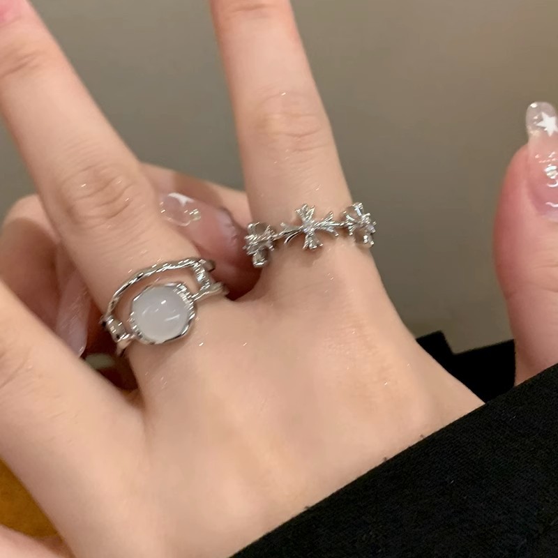 Cold style moonstone cross zircon open ring for women's Instagram niche design sense index finger ring, personalized ring details Picture