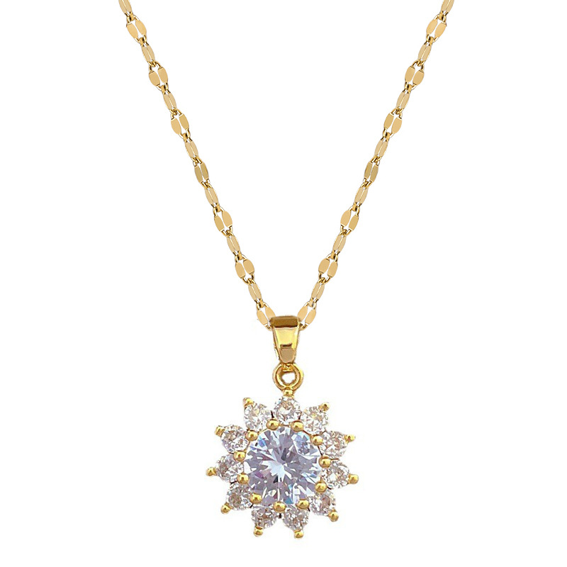 【 Titanium Steel 】 Sun Flower Necklace Earrings Set, Light Luxury, micro-inlay, personalized and elegant banquet earrings and Necklaces combination Item Picture