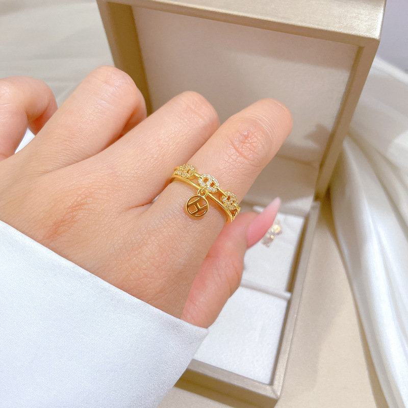 【 Real Gold 】 Korean version super Flash Zircon pig nose coin ring with adjustable opening, simple Japanese-style wrist ring Specification drawing