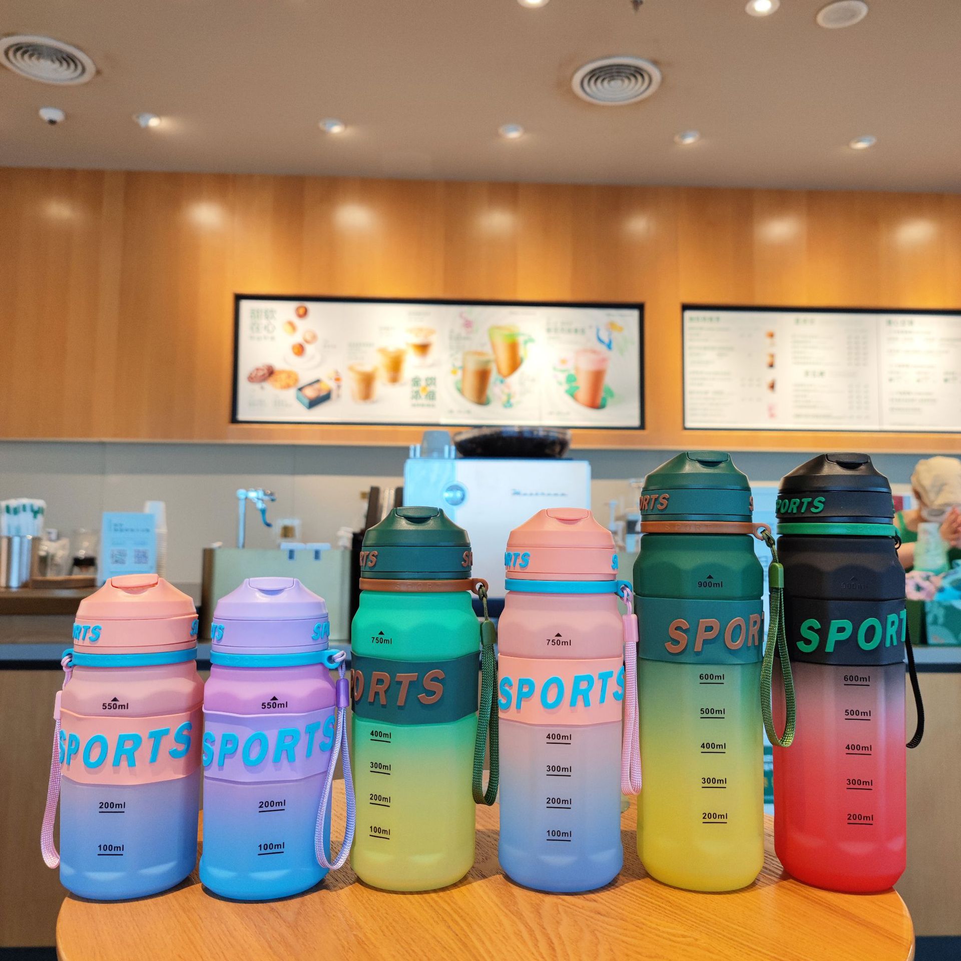Wholesale of new cross-border hexagonal high appearance level gradient color plastic straw water cups with handles and outdoor sports water bottles details Picture