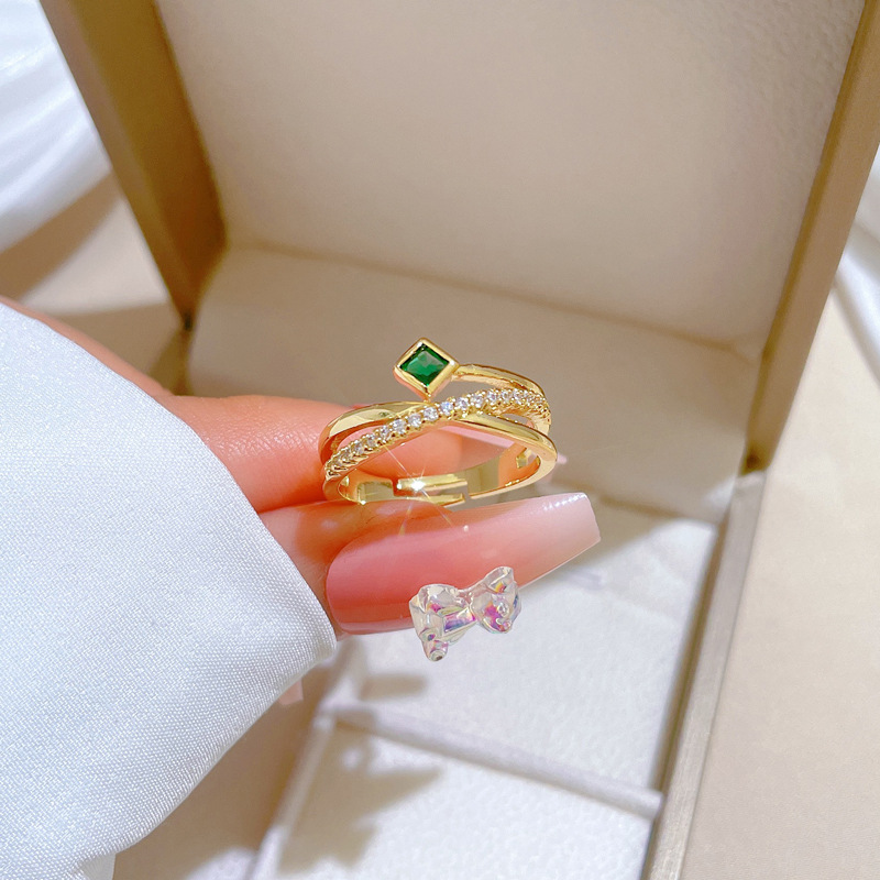 【 Real Gold 】 Cross-green full diamond ring with adjustable opening, simple Japanese-style bracelet, couple rings details Picture