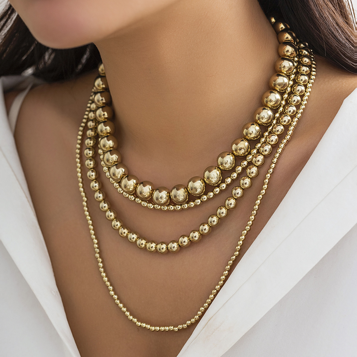 European and American cross-border jewelry, exaggerated cyber style, multi-layered round bead necklace, simple and individual, large and small beaded necklace Specification drawing