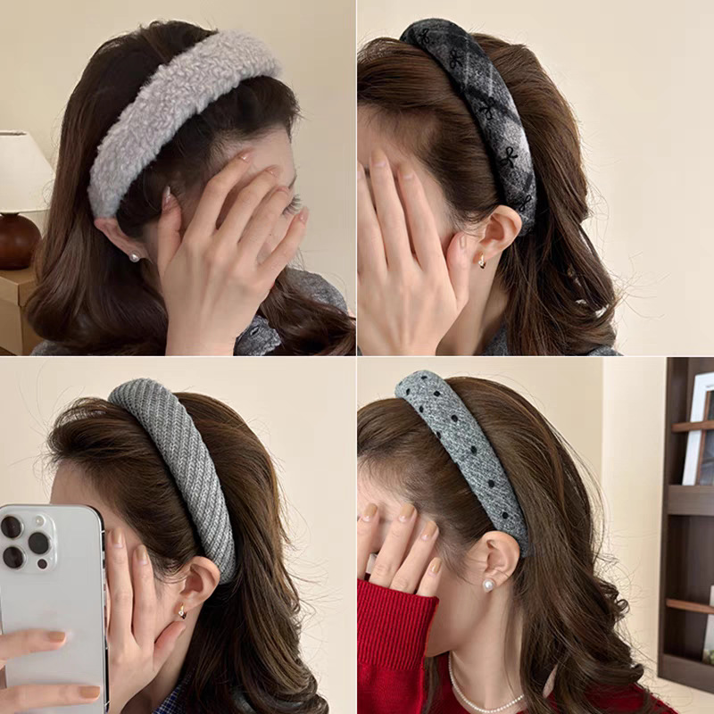 The grey Korean-style hair band for spring and summer exudes a high-end vibe. It features a bow polka dot high headband on the top of the head for washing the face and a stylish hairpin Specification drawing
