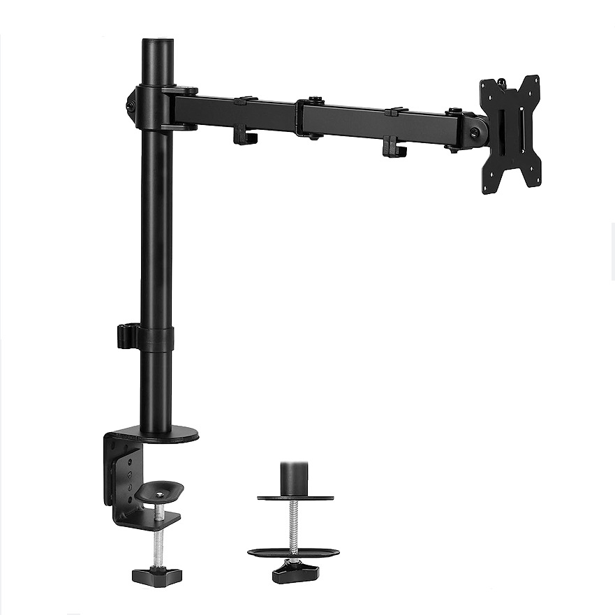 The single monitor arm desktop stand can accommodate a regular screen of up to 32 inches with clamps and perforations Item Picture