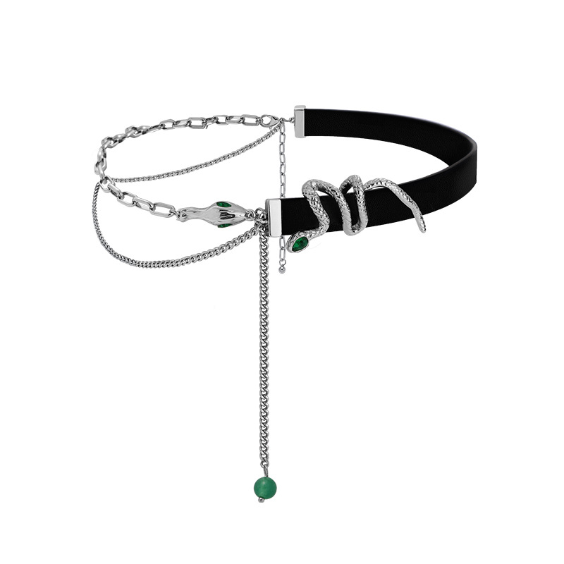 Leather chain spliced snake-shaped necklace, a niche design for women, hip-hop punk cold style neck chain, collarbone chain neck accessory Item Picture