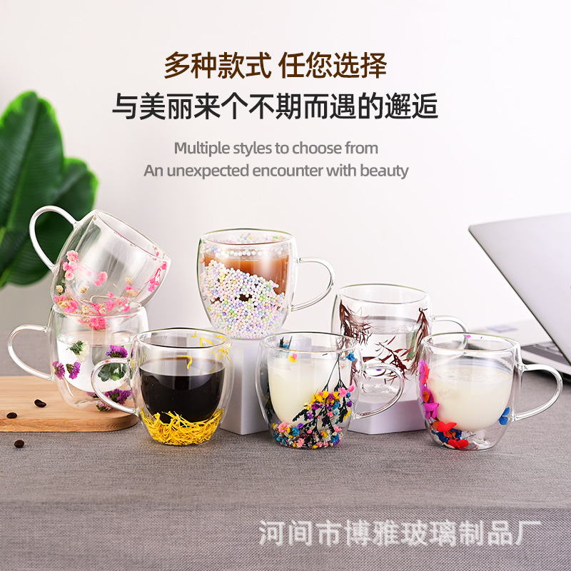 Creative real flower double-layered glass cup, high appearance level, heat-resistant, home breakfast cup, souvenir, single-handled petal flowing sand cup Specification drawing