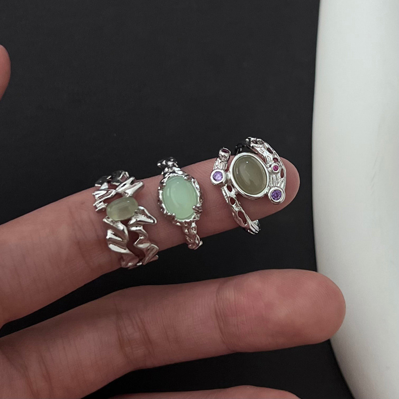 New Chinese-style adjustable opening ring, irregular ins cold style, light luxury, niche design, green stone opening ring full figure