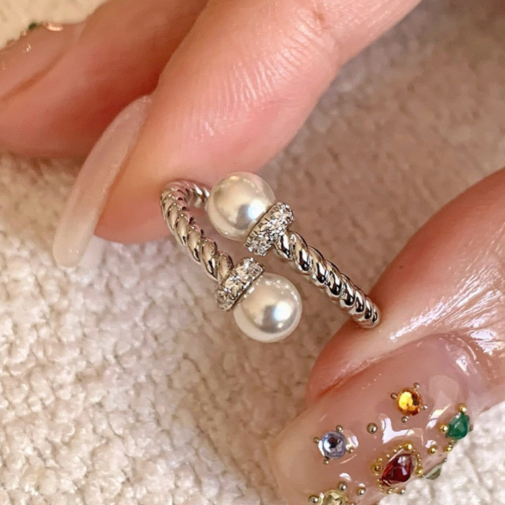 Vintage twisted double pearl ring for women, 925 sterling silver ring, a niche high-end feel, light luxury, versatile open index finger ring details Picture