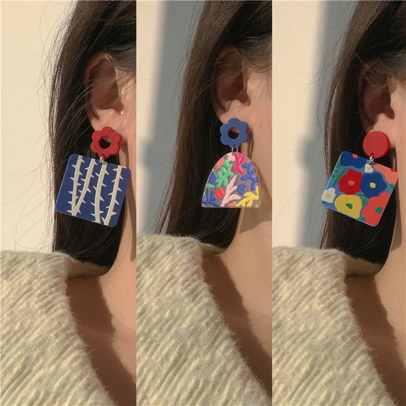 Colorful acrylic series ear studs ~ Korean-style girlish style earrings, Instagram niche and versatile, color-blocking cute earrings details Picture