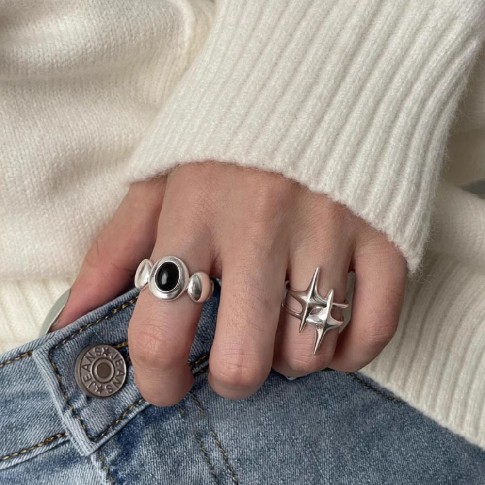 925 sterling silver ring for women, black agate simple double-pointed star ring, ins fashionable, versatile and high-end index finger ring details Picture