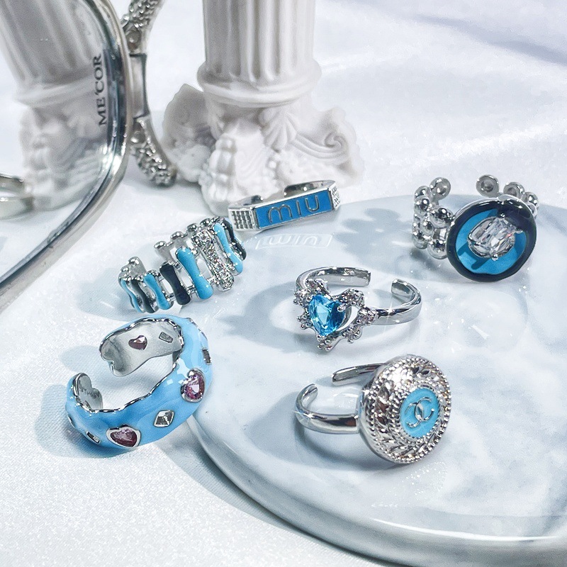 Korean-style blue drip glaze open ring for women, exquisite, versatile, trendy and fashionable index finger ring, simple and elegant, autumn and winter accessory full figure