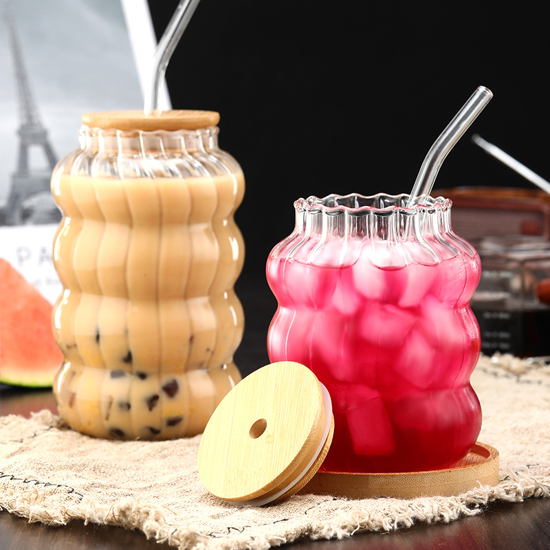 Large-capacity cold drink cup, coffee cup, transparent glass cup, vertical pattern chubby caterpillar straw cup, water cup details Picture