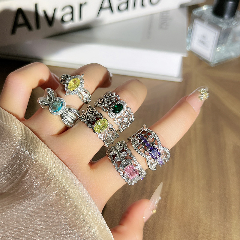 High-end colored gemstones, exquisite internet-famous hollowed-out opening ring, women's double-layer light luxury, niche design sense, best friend ring trend details Picture