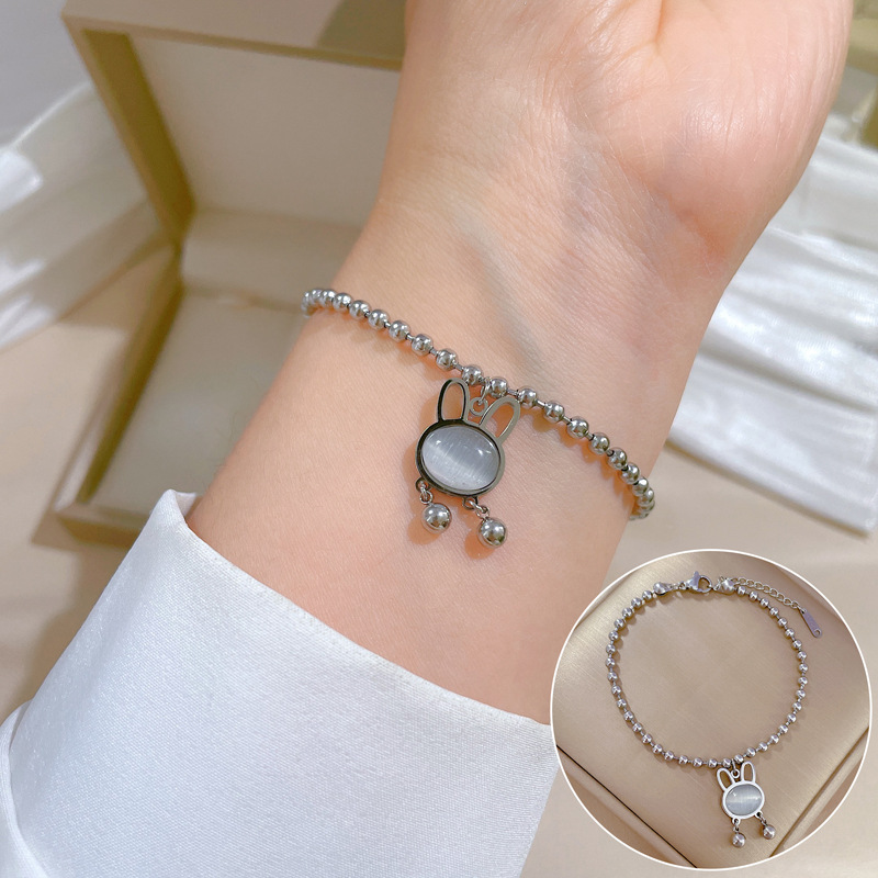 【 All-titanium Steel 】 Dongdaemun's unique and elegant forest-themed cat-eye rabbit round bead bracelet, a female Internet celebrity's retro best friend Specification drawing