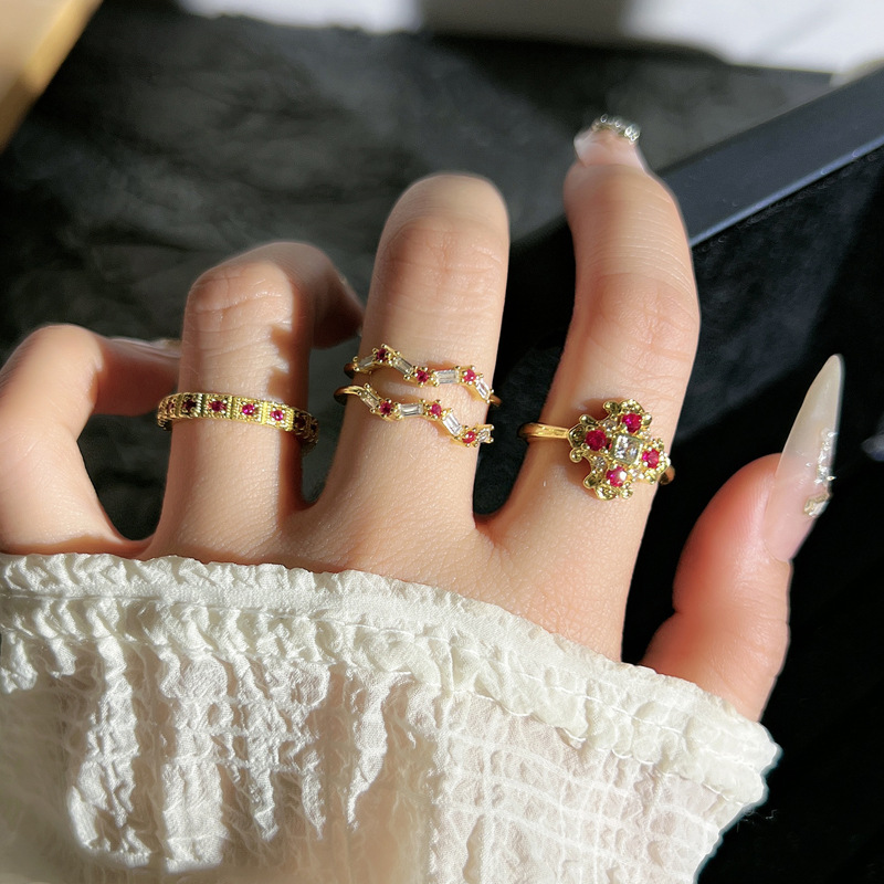 New Chinese-style unique rose red diamond elegant light luxury versatile ring, women's niche design sense fashionable row diamond simple ring Application Scenario