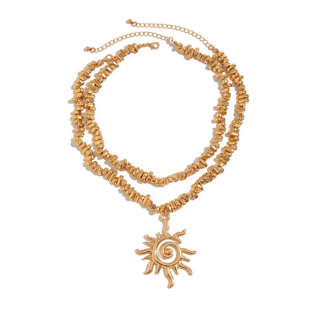 European and American cross-border jewelry ins hammer-patterned spiral sun metal pendant necklace, irregular-shaped CCB beaded collarbone chain for women Item Picture