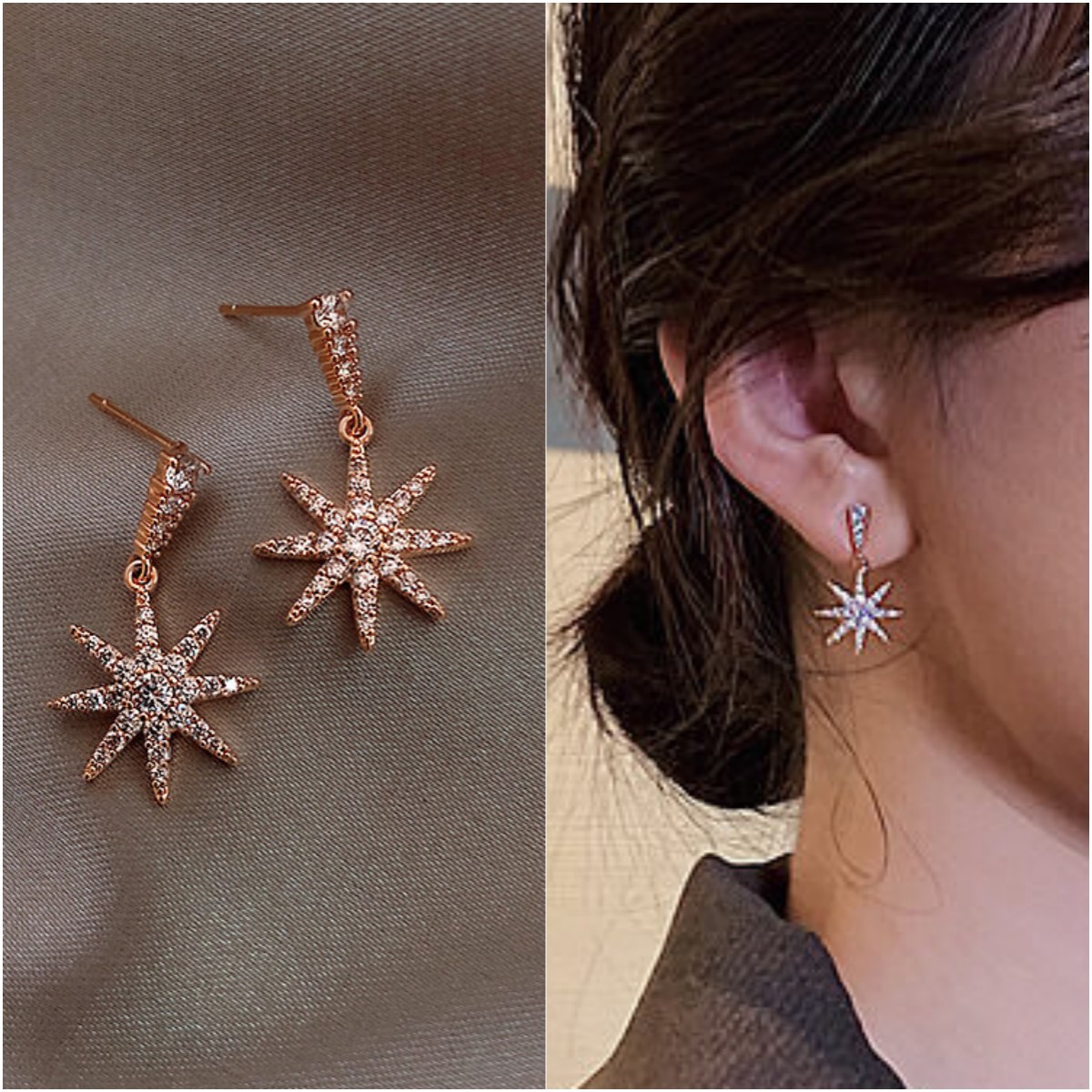 Korean-style diamond-encrusted snowflake pendant earrings for women, a light luxury high-end design, a niche Instagram exquisite and versatile fashionable ear accessory full figure