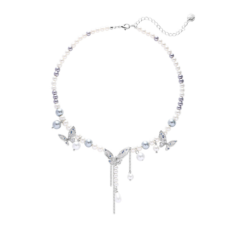 Original butterfly pearl necklace for women, with a light luxury and high-end feel. Colorful zircon collarbone chain, sweet and elegant, fashionable necklace Item Picture